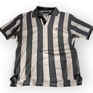 Tommy Hilfiger Black and White Vertical Striped Polo - L